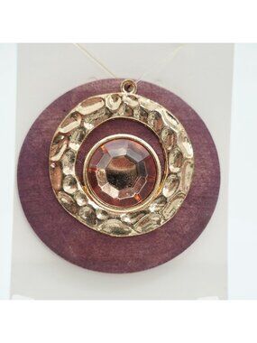 Round Wooden Pendant With Gold-Tone Metal & Faceted Amber Gemstone Accent 2.25"